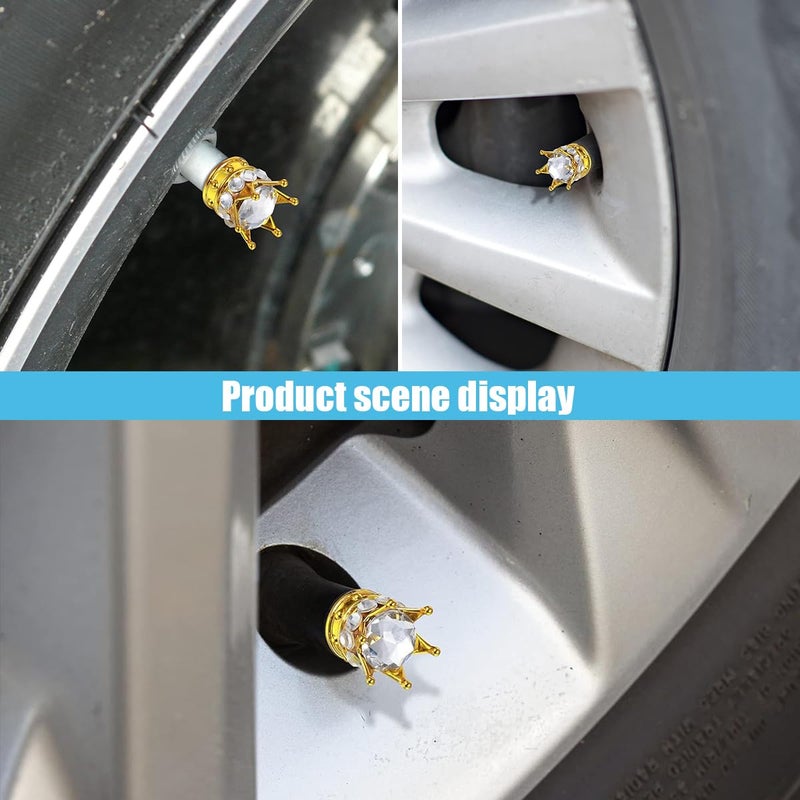 smilfuy 4PCS Crown Tire Valve Stem Caps, Bling Handmade Crystal Rhinestone Wheel Tire Valve Caps Covers Chrome, Attractive Dustproof Bling Car Accessories, Universal for Car SUV Truck (White Gold) - Image 5